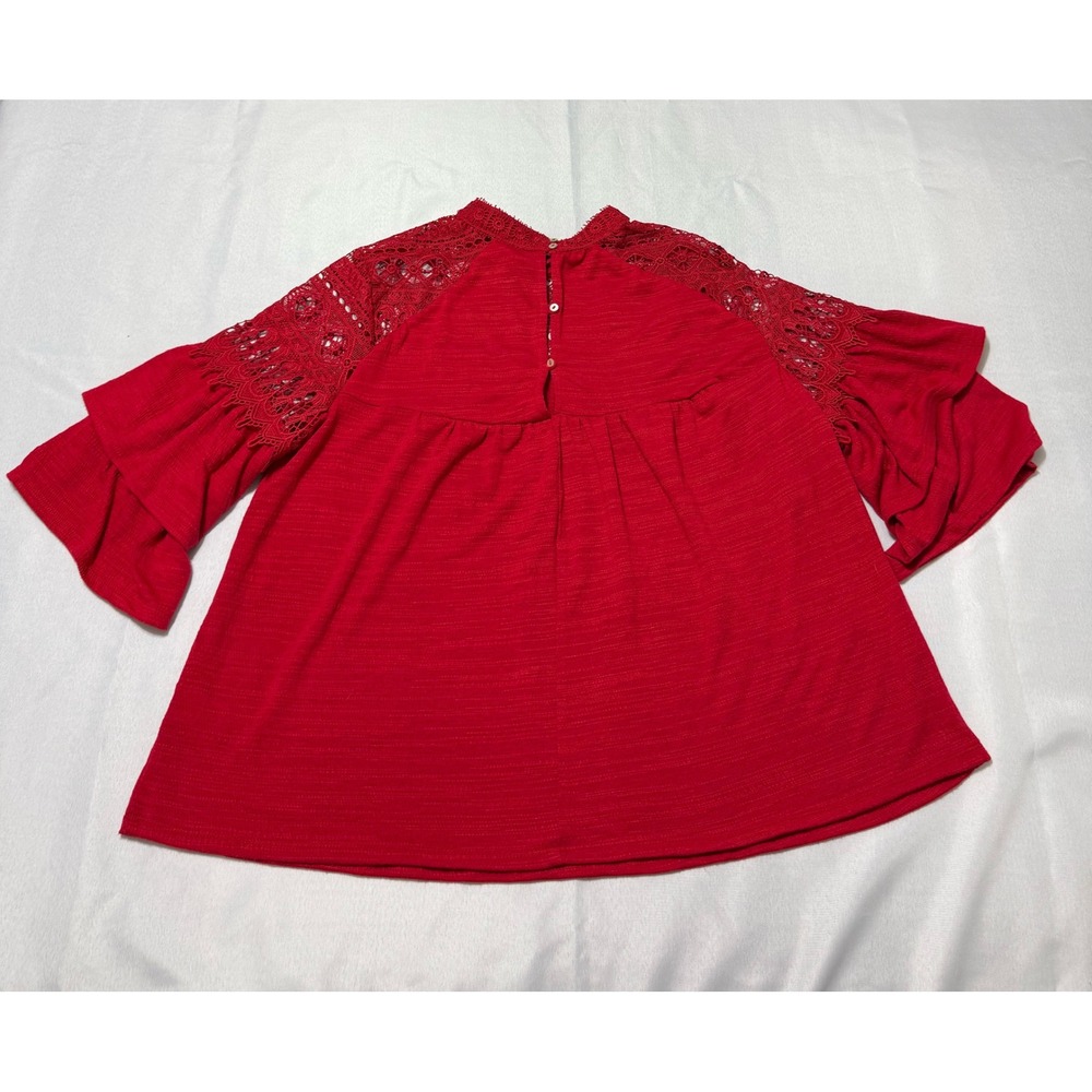 Hannah Red Crochet Lace Yoke Tiered Bell Sleeve Blouse Top L Boho Hippie Chic - Picture 6 of 6